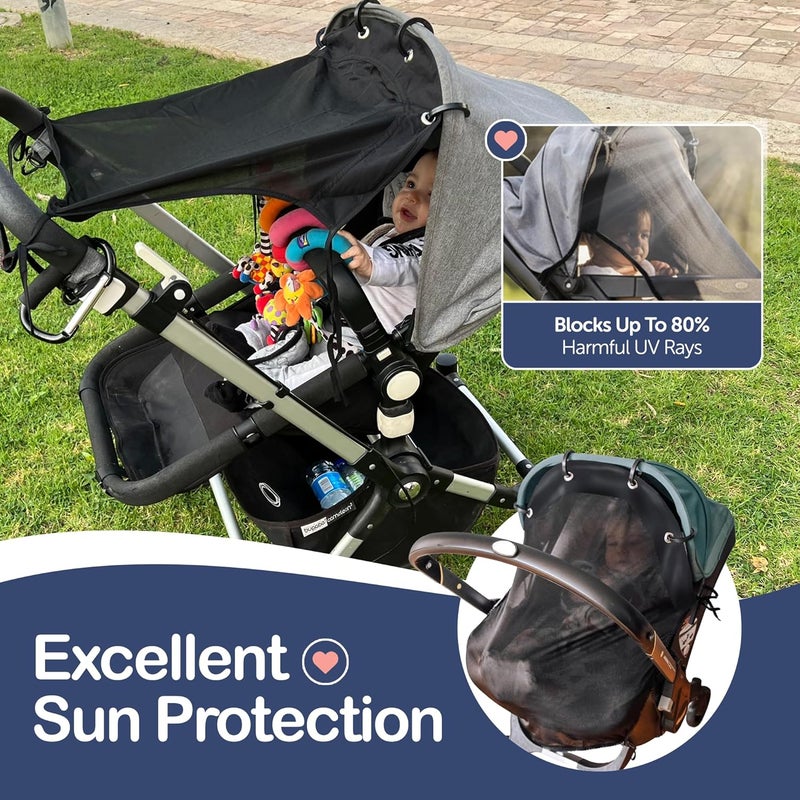 IntiMom Stroller Sun Shade - Universal UV Protection Cover for Strollers Sunshade with See Through, Clip-On Sun Blocker, Sun Shield for Baby, Breathable Adjustable Fit, Full Coverage, M Black - Image 2
